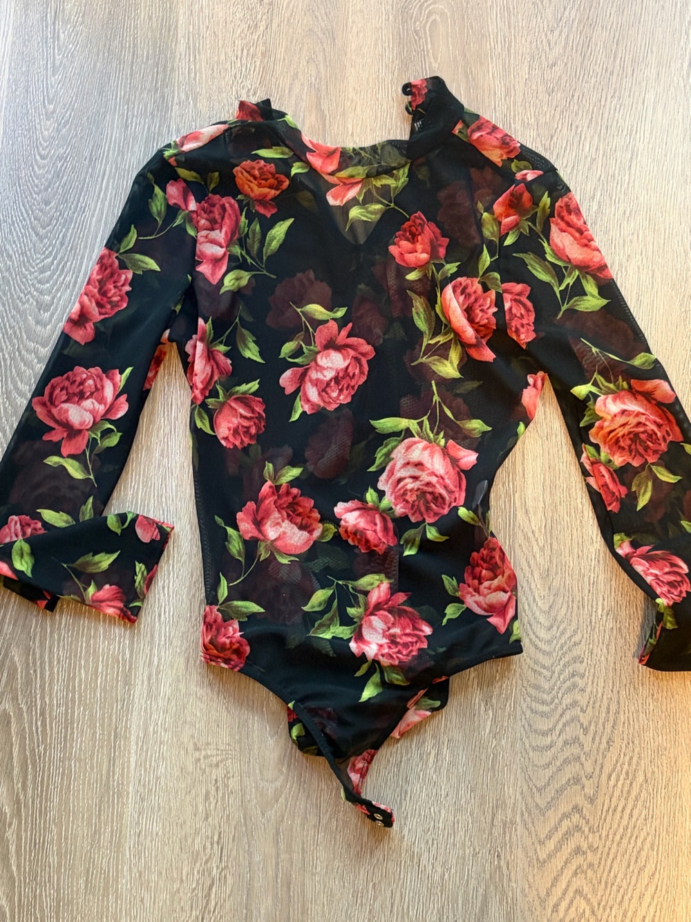 Forever 21 Black Mesh Floral Rose Long-Sleeve Bodysuit